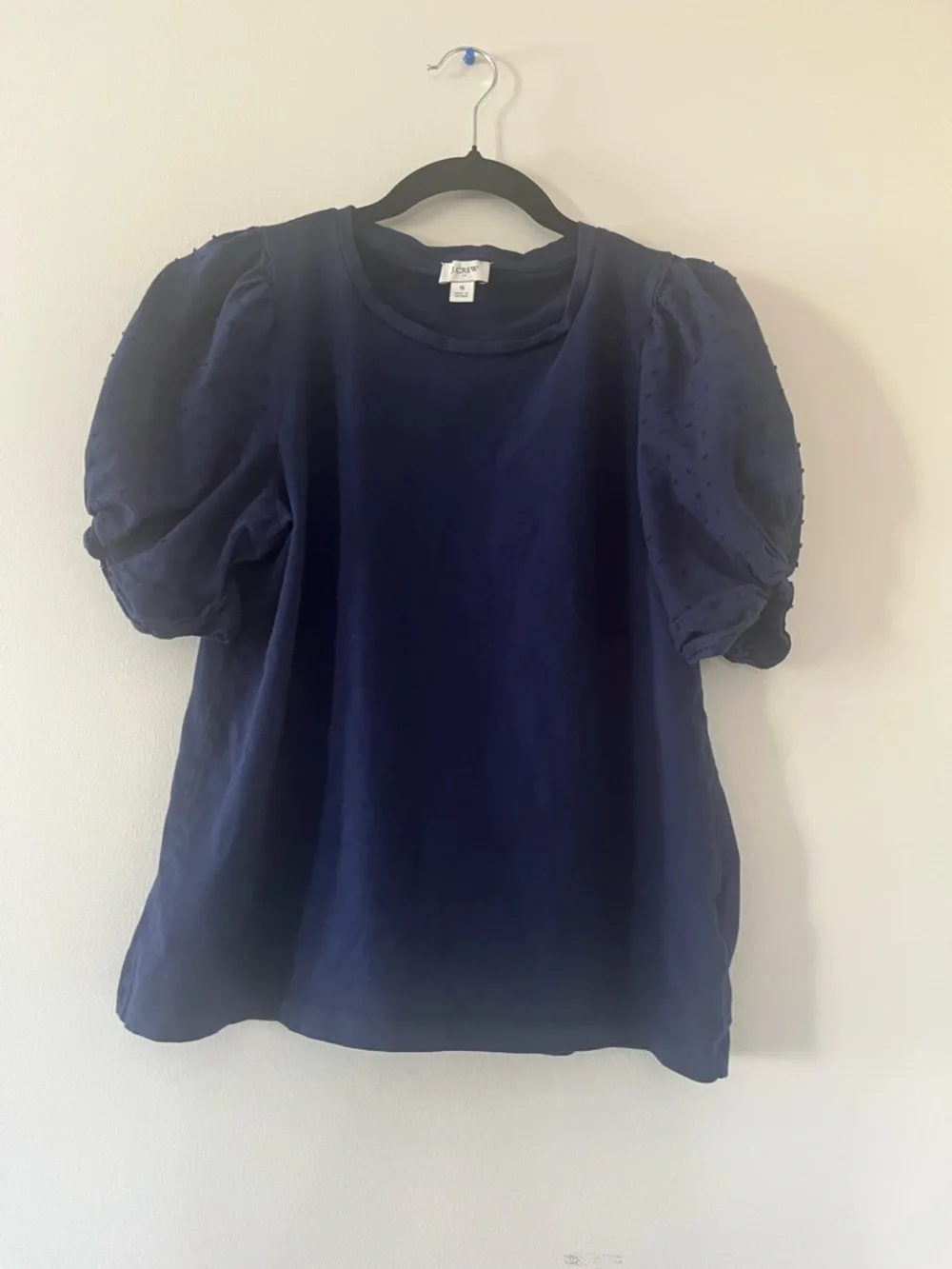 J Crew Puff Sleeve Cotton Top Small Navy Feminine Eyelet Textured Blouse Capsule